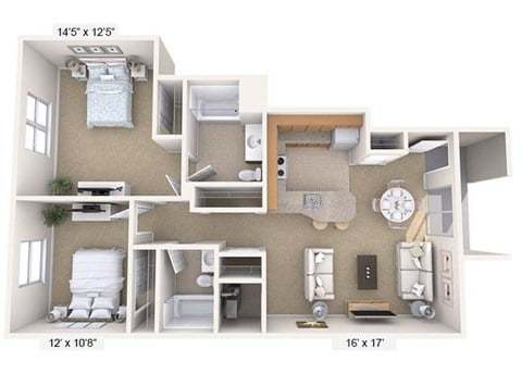 Floor plan for 2 beds, 2 baths, 949 sqft